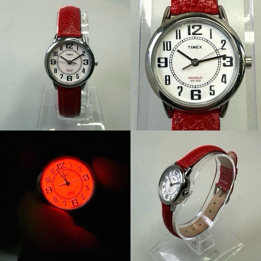 Timex Watch Rare Red Indiglo Womens 24mm Silver Tone Retro Leather Band EUC